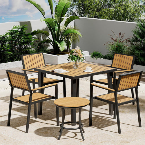 6-Piece Patio Dining Set, Outdoor Weather Resistant Plastic-Wood Table & 4 Stackable Chairs, Outdoor Durable Aluminum Frame Furniture for Garden, Poolside, Backyard (Teak, 6 PCS)