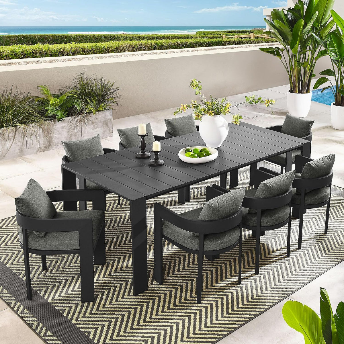 Modway Tahoe Outdoor Patio Powder-Coated Aluminum 9-Piece Dining Set in Gray Gray - Rectangular Patio Furniture Set for 8 - Outside Table with Umbrella Hole and Cushioned Chairs - Modern Patio Set