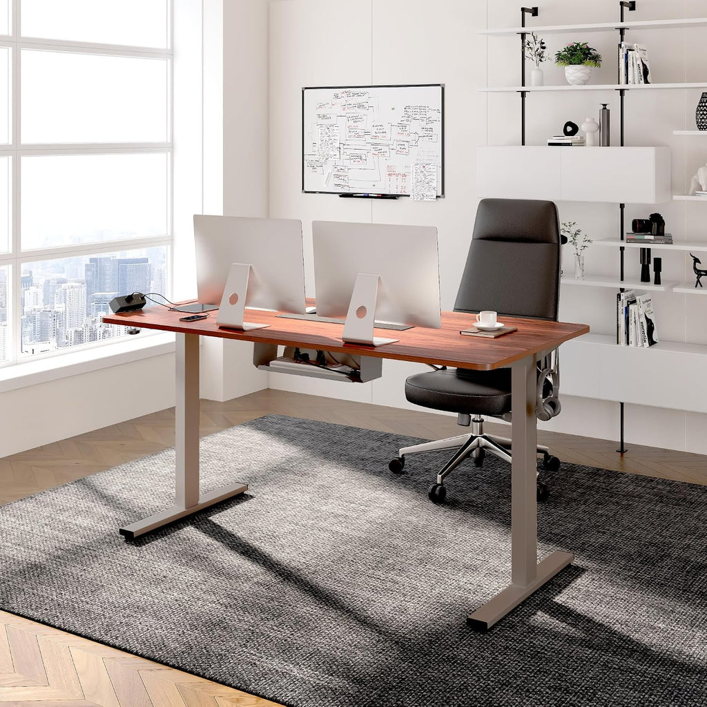 FLEXISPOT EN2 Whole-Piece Standing Desk with Clamp Power Strip, 48 x 24'' Electric Stand Up Height Adjustable Desk with Cable Management (Gray Frame + 48' Mahogany Top, 2 Packages)