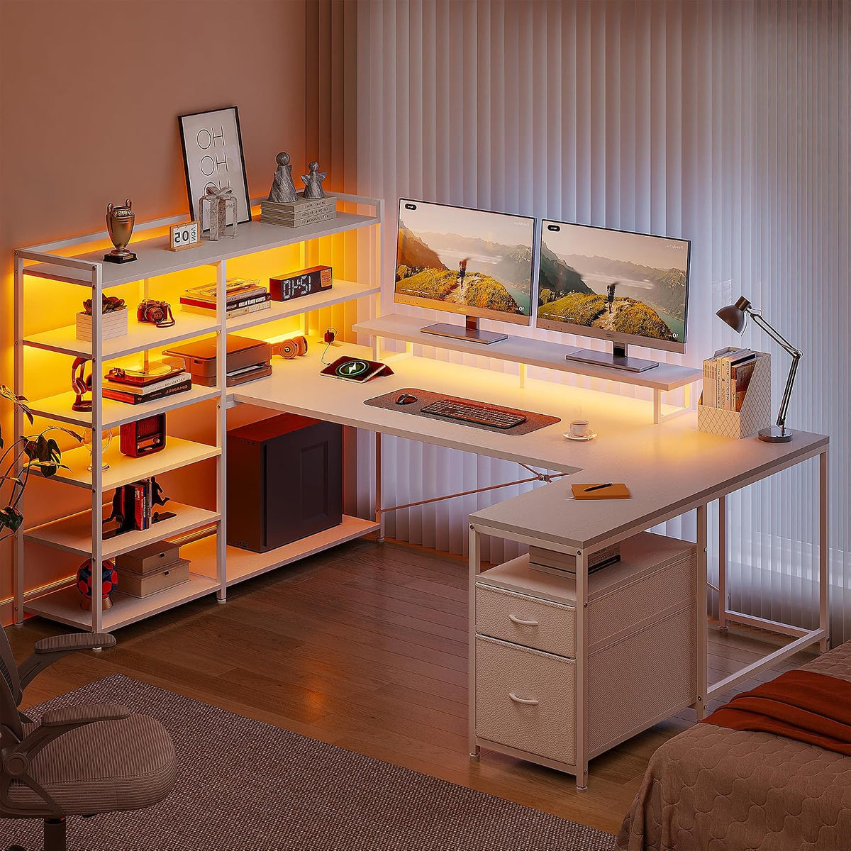 DurayLoly Computer Desk with 6 Storage Shelves & 2 Fabric Drawers,63'' L Shaped Gaming Desk with Power Outlet & LED Strip, Reversible Office Desk with Monitor Stand, White