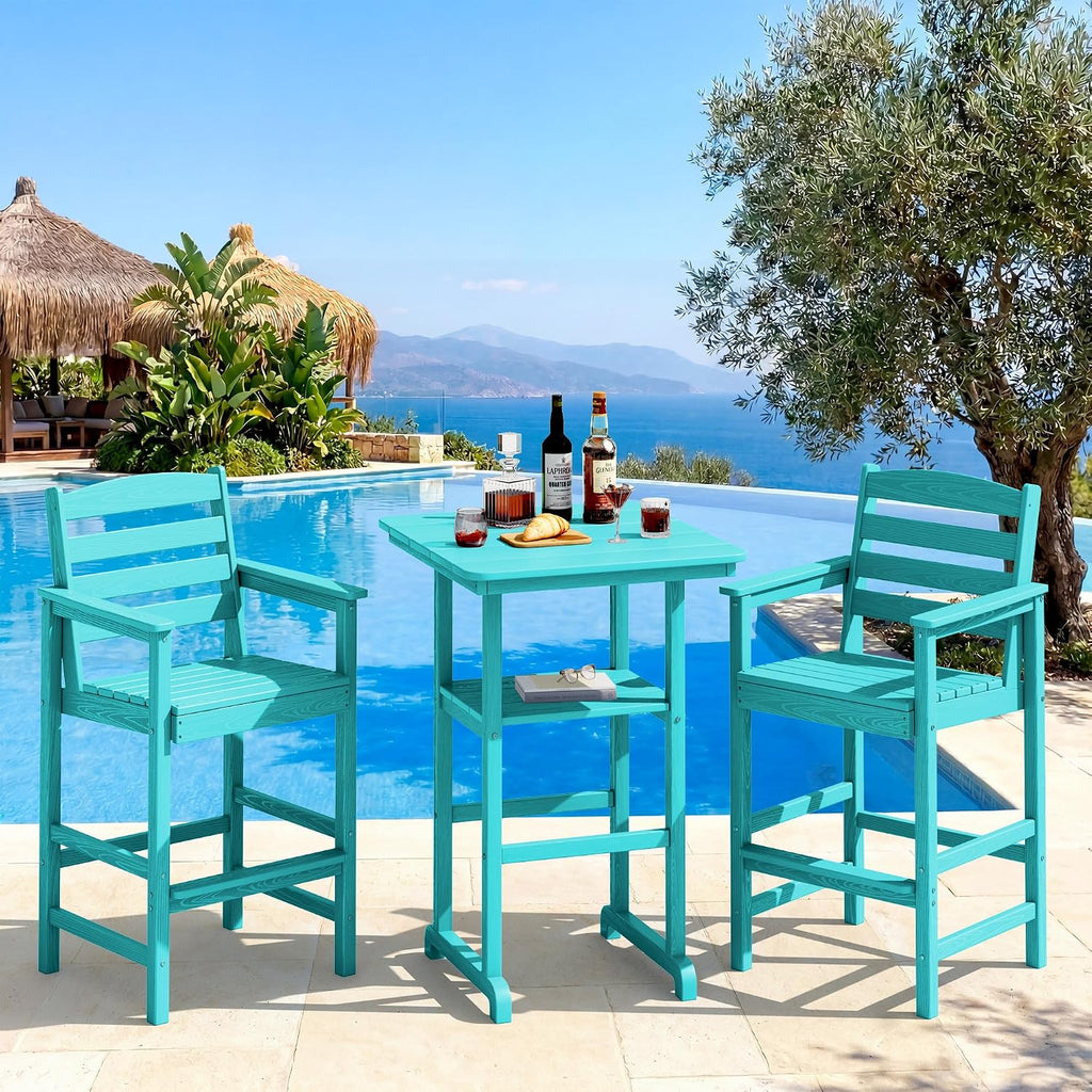 SERWALL Balcony Adirondack Chairs and Table 3 Pieces Set, Oversize Adirondack Bar Height Chairs Set of 2 and Bar Table, Outdoor Bar Stools Set, Aruba