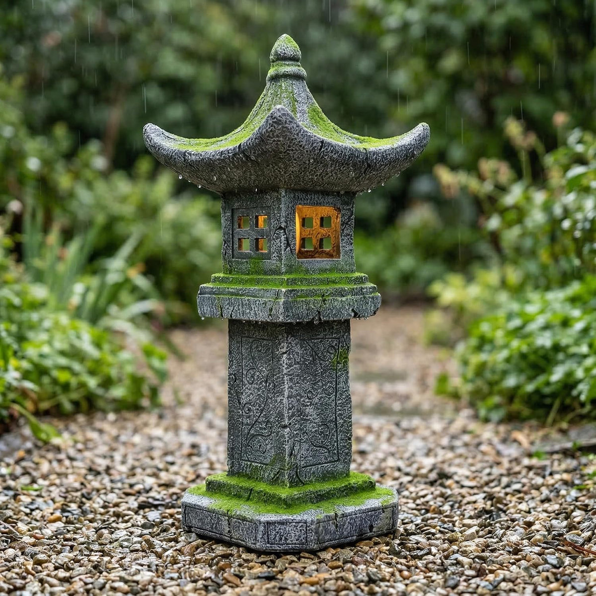 Japanese Pagoda Statue Solar-Powered LED Light Moss-Covered Retro Miniature Tower Lantern Garden Decoration Figurines Solar Lamp Outdoor Asian Decoration Zen Courtyard Landscape 31.5''High