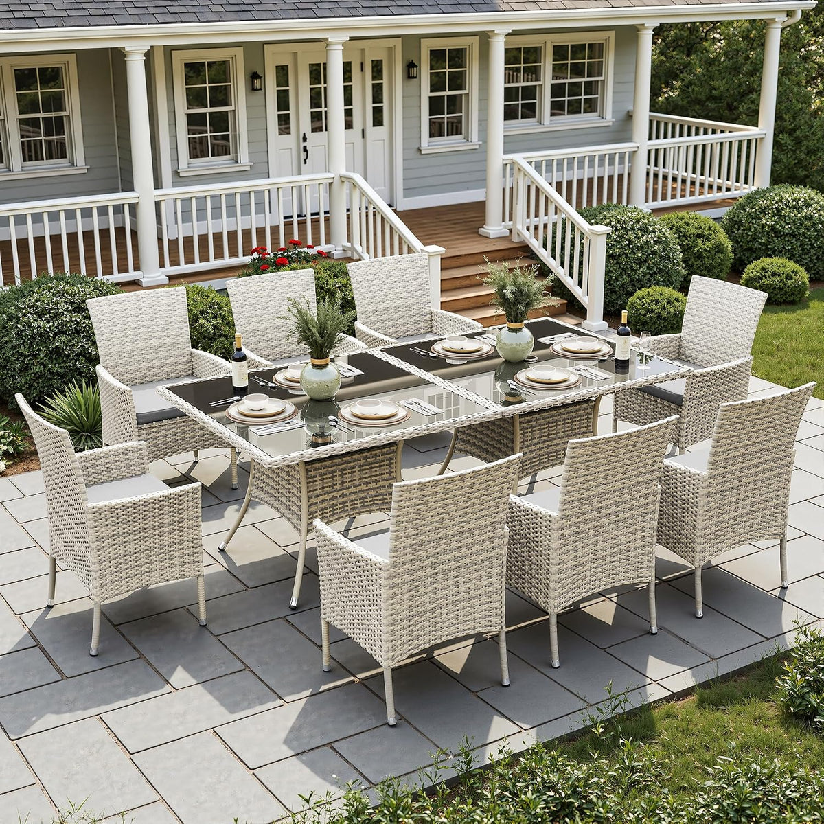 10-Piece Patio Dining Set, Patio Furniture Set with Square Tempered Glass Table & 8 Wicker Chairs, Expandable Design for Larger Groups, Outdoor Furniture for Backyard, Deck, Garden, Grey
