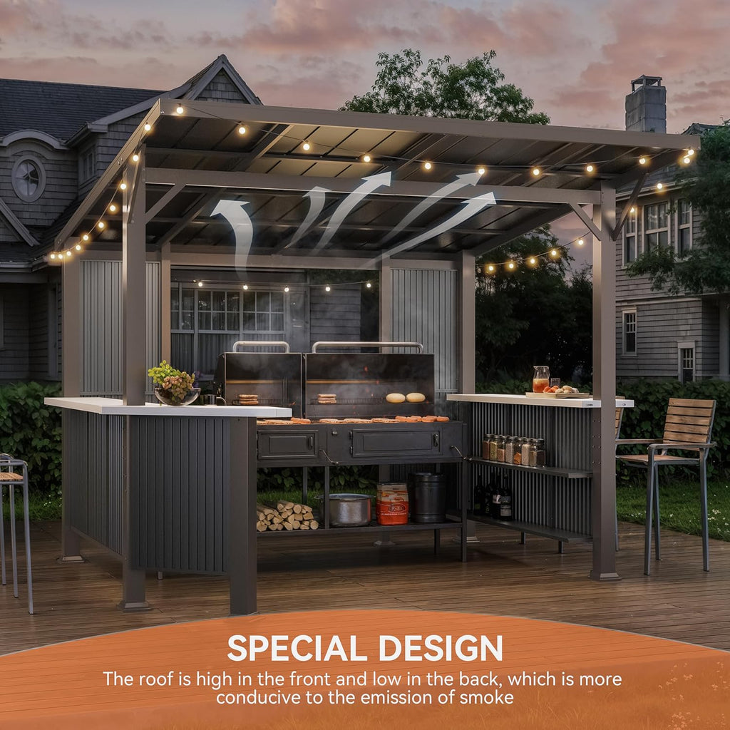Kurapika 10' x 10'Hardtop BBQ Outdoor Gazebo,Waterproof Sloping Roof and Sturdy Steel Frame, Extended Bar Tops, Smoke-Venting Iron Canopy for Patio, Yard, Garden, for Familie Party
