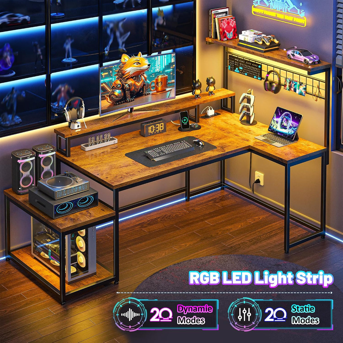 Gaming Desk with Shelves & Hooks, 63.5'L Shaped Computer Desk with LED Lights & Power Outlets & Monitor Stand and Printer Space for Home Office, Writing Desk of Bedroom, Living Room, Rustic Brown