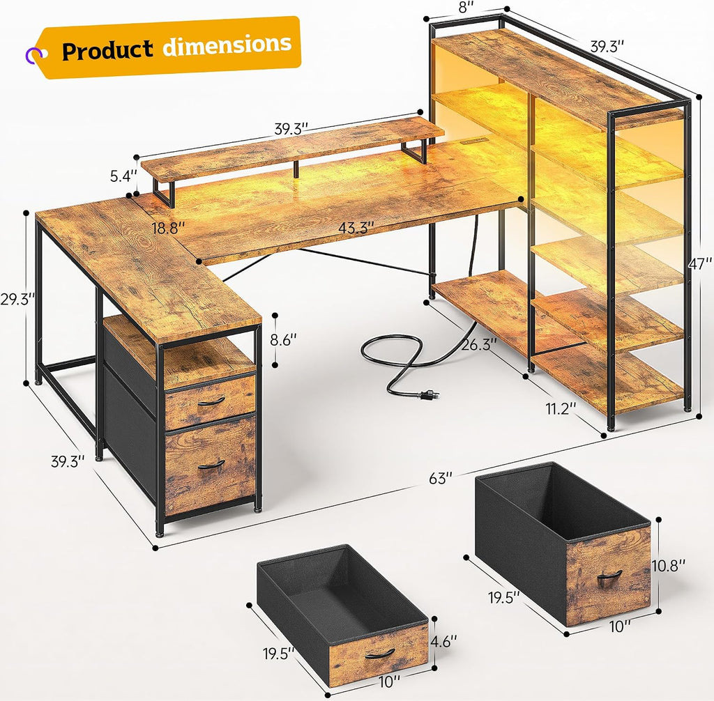 DurayLoly L Shaped Desk with Monitor Stand, 63'' Reversible U Shaped Office Desk with 6 Tire Storage Shelves & 2 Fabric Drawers, Gaming Desk with Power Outlet & LED Strip, Rustic Brown