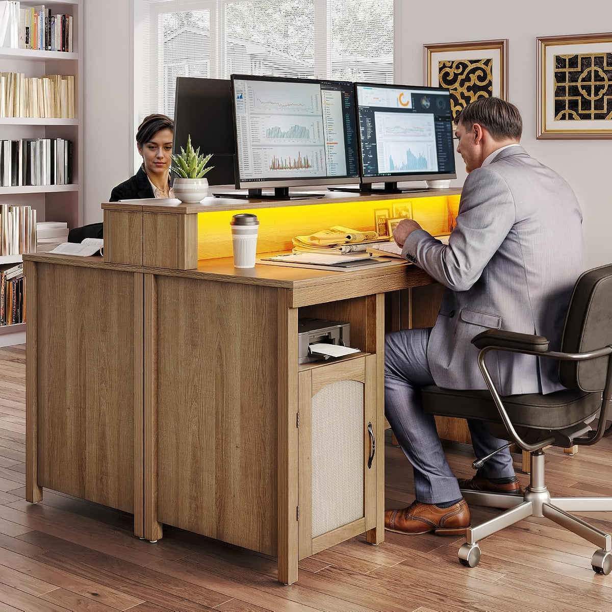 DWVO L Shaped Desk with Drawers, 65' Corner Desk Computer Desk with Power Outlets & LED Lights, Home Office Desk with Storage Shelves & Printer Stand, Light Brown