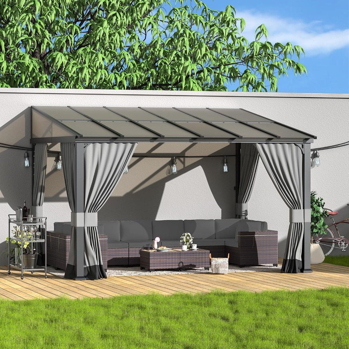 Kurapika 10' x 12' Wall Mount Gazebo Outdoor Pergola, Hardtop Lean to Gazebo Canopy Awnings with Sloped Roof and Sturdy Steel Frame, for Patio, Porch, Deck, Backyard(Grey)