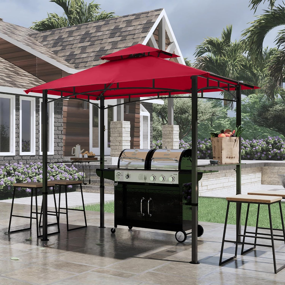 COOSHADE 8'x 5' Grill Gazebo Double Tiered Outdoor BBQ Gazebo Canopy with LED Light (Burgundy)