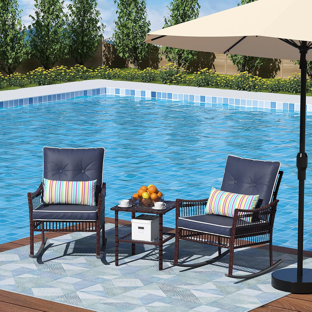 DECMICO Outdoor Rocking Chairs 3 Pieces Patio Conversation Front Porch Furniture, Wicker Bistro Set with Coffee Table for Garden and Balcony (Brown Rattan Royal Blue Cushion)