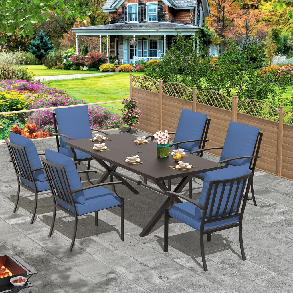 7-Piece Patio Dining Set Outdoor Conversation Set,Metal Outdoor Furniture Set with Umbrella Hole Cut-Out 78.7' x 35.4' Table and 6 Metal Backrest Chairs for Backyard,Garden,NavyBlue