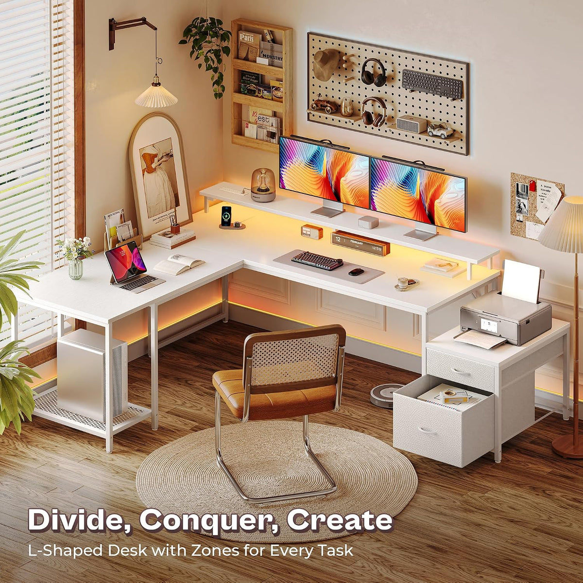 PRAISUN 66' L Shaped Gaming Desk with LED Lights & Power Outlets, Computer Desk with Fabric Drawers and Print Stand, Corner Office Desk, Monitor Stand, Mesh CPU Stand, White