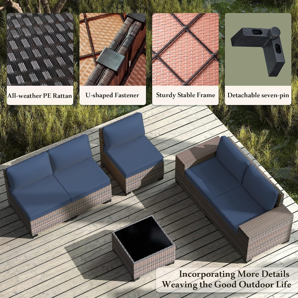 7 PCS Outdoor Patio Furniture Set,Outdoor Sectional Furniture with 43' 55000 BTU Gas Propane Fire Pit Table,All Weather PE Rattan Wicker Patio Conversation Set,Navy Blue