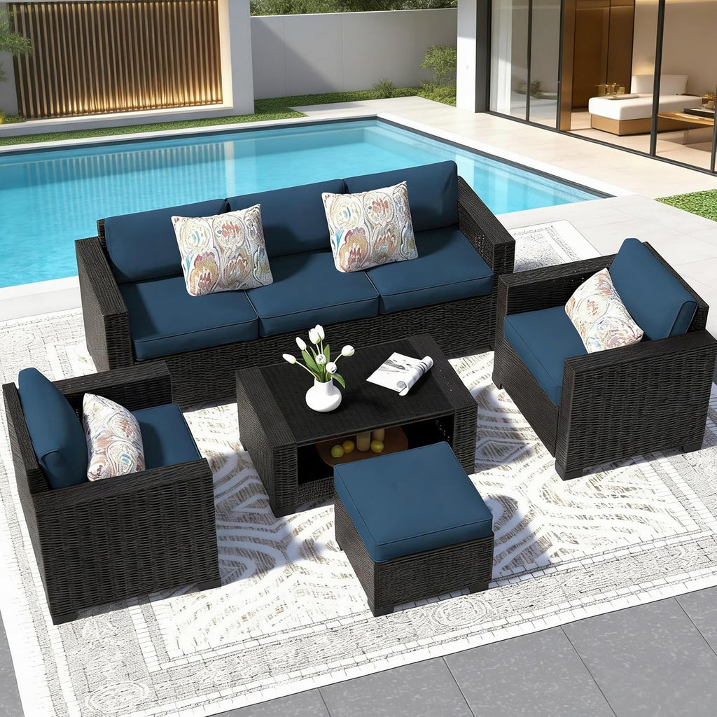 SHGJ&SOFT 7 Piece Patio Furniture Set, Wicker Outdoor Sectional Sofa with Washable Cushion Covers and Tempered Glass Table, Rattan Conversation Set for Poolside