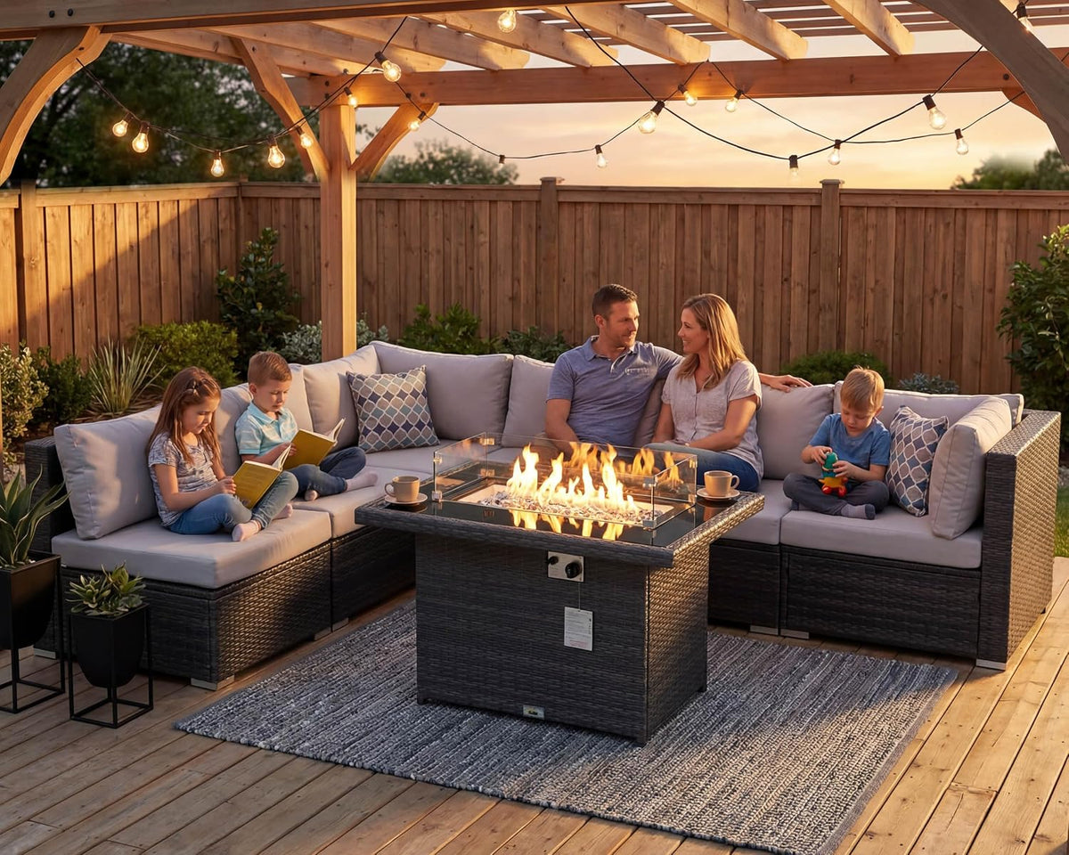 NICESOUL High-End Outdoor Patio Furniture Set with Natural Gas/Propane Firepits, 7 Piece Large Wicker Sectional Couches with Fire Table, 29.3'' High Back Deep Seating Comfy Conversation Sofas, Gray
