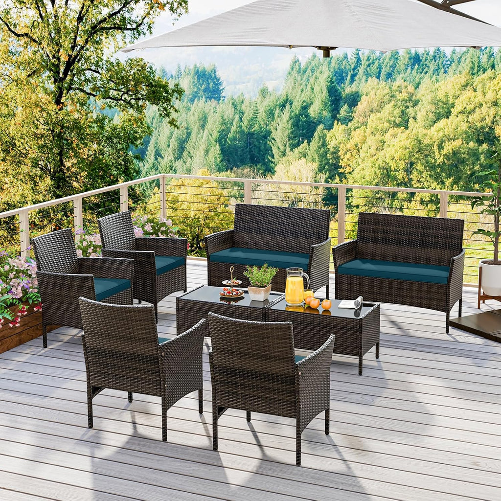 ORALNER 4 Pieces Patio Furniture Set, Rattan Chairs Loveseat with Soft Cushion and Glass Table, Outdoor Wicker Conversation Set for Balcony Garden Backyard Porch Poolside (Peacock Blue)