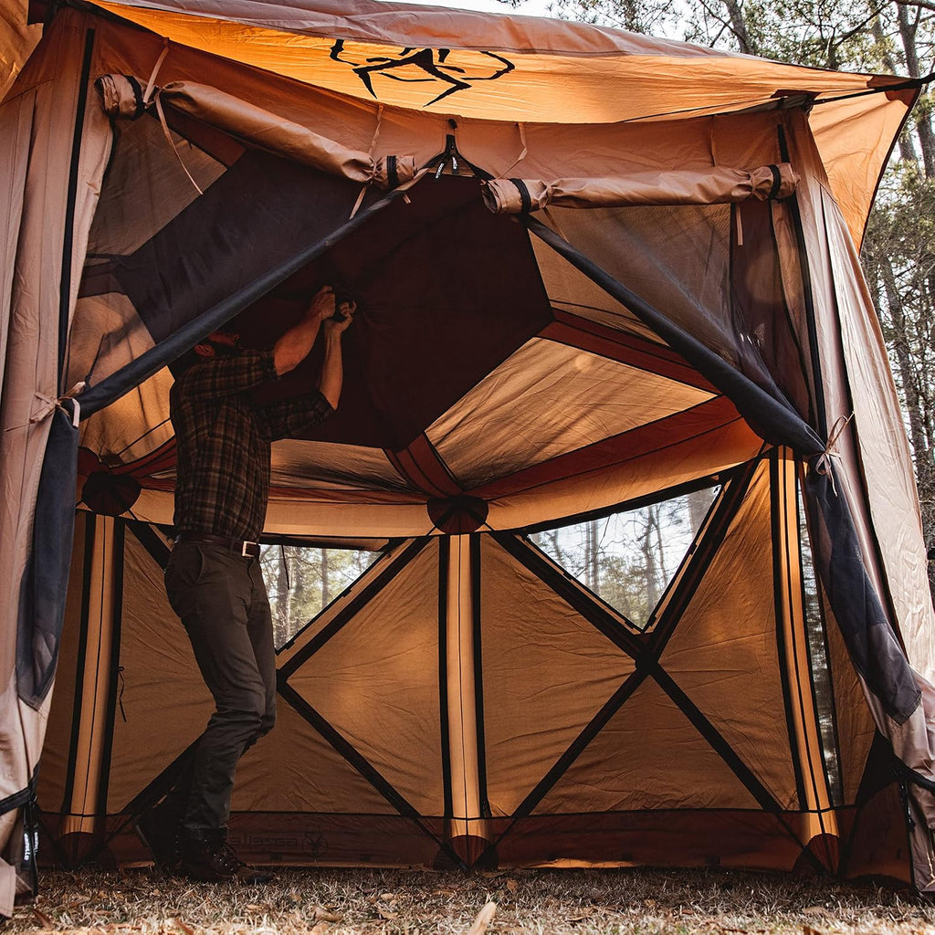 Gazelle Tents™ G6 Cool Top 6-Sided Portable Gazebo, Easy Pop-Up Hub Screen Tent, Waterproof, UV Resistant, 8-Person & Table, Badlands Brown, 91' x 139' x 123', GG620BR