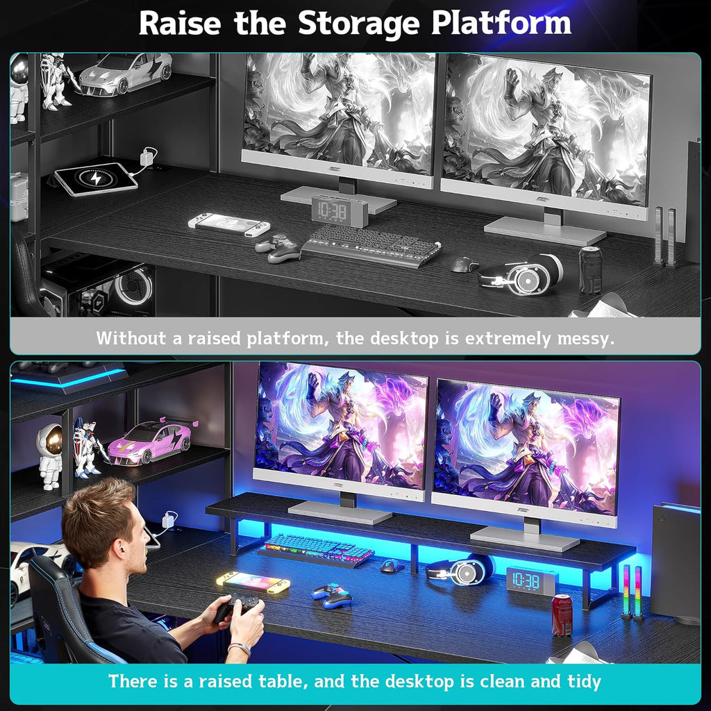 DurayLoly Gaming Desk with 6 Storage Shelves & 2 Fabric Drawers,63'' Computer Desk L Shaped Desk with Power Outlet & LED Strip,Reversible U Shaped Office Desk with Monitor Stand, Black