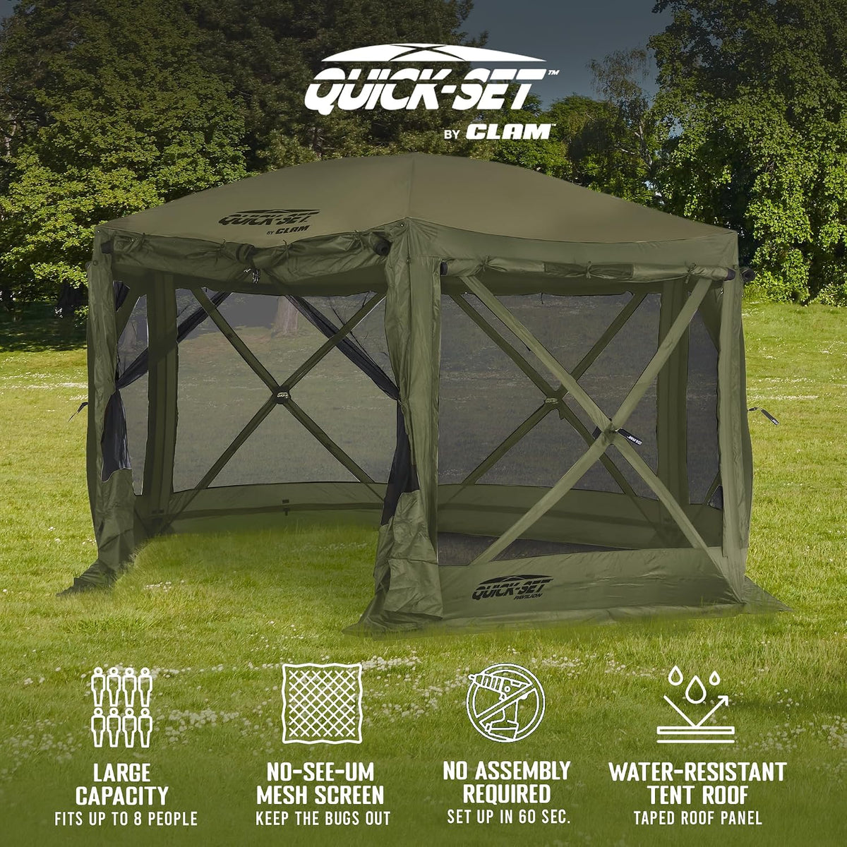 CLAM Quick-Set Pop Up Screen Tent, Pavilion, 12.5 ft, Instant Setup Green Large Outdoor Gazebo Canopy Shelter, Spacious 8-Person Bug-Free Tent for Parties, Backyard, Camping, Events - Green