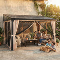 Sunjoy 12 x 14 ft Wall Mounted Gazebo with Powder Coated Steel Roof, Black Aluminum & Metal Frame Lean to Gazebo with Curtains and Netting