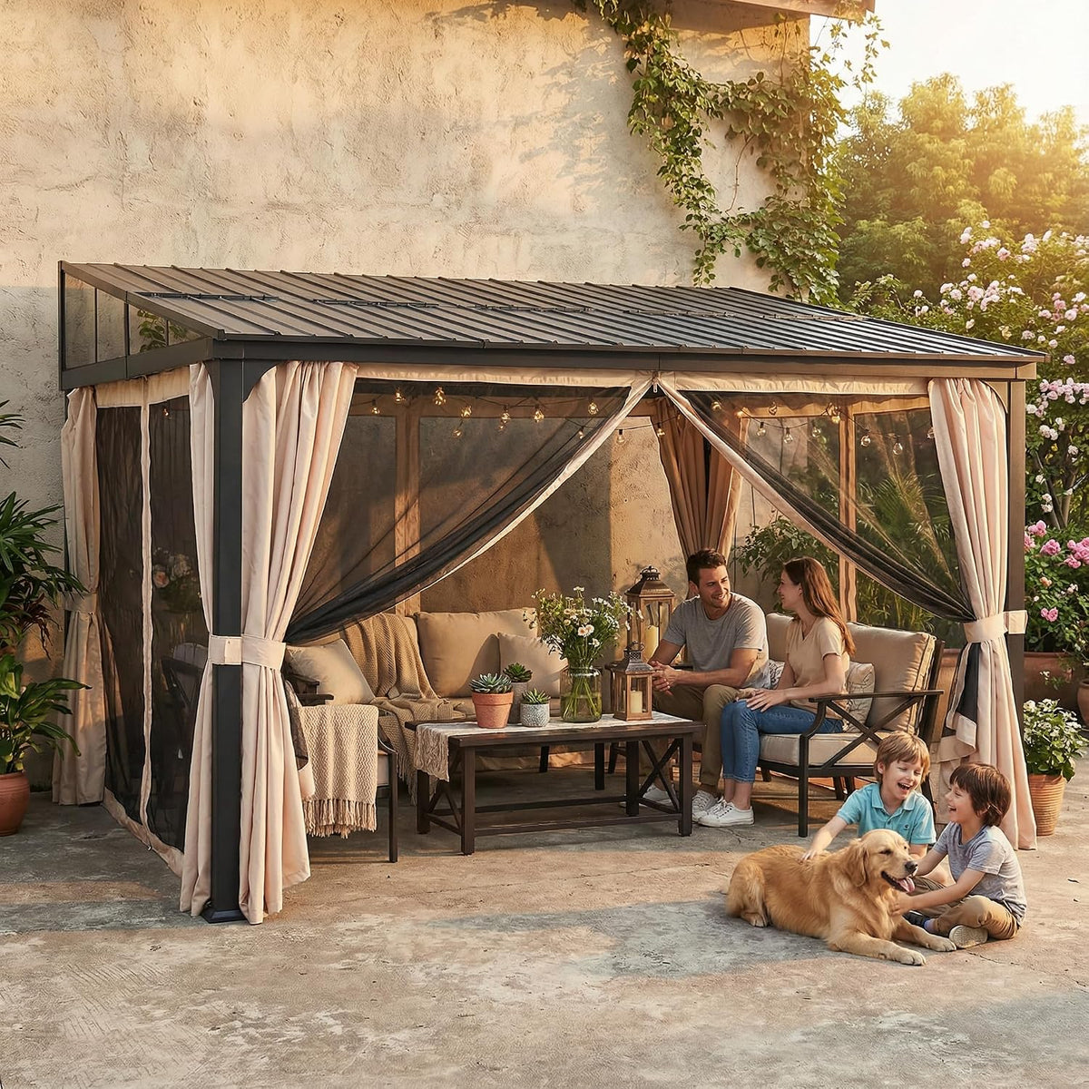 Sunjoy 12 x 14 ft Wall Mounted Gazebo with Powder Coated Steel Roof, Black Aluminum & Metal Frame Lean to Gazebo with Curtains and Netting