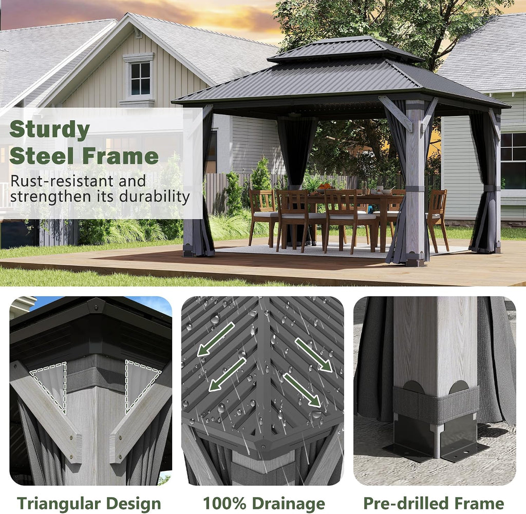 10x12FT Hardtop Wood Gazebo, Outdoor Gazebo with Cedar Wooden Pillar & Double Metal Roof - Weather-Resistant Gazebos Pavilion for Patio, Garden, Backyard (w/Netting & Gray Curtains)