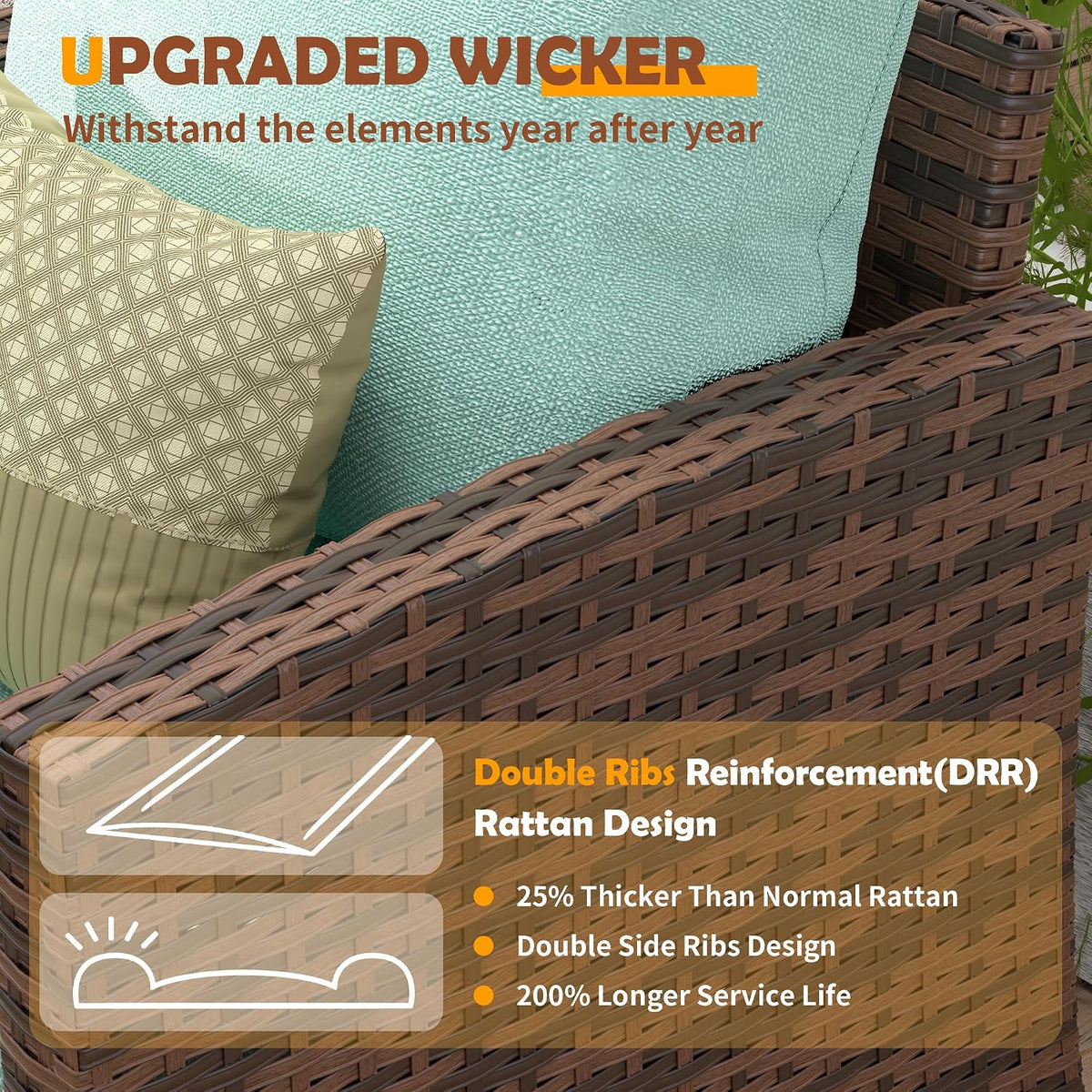UDPATIO Patio Furniture Set with 44' Fire Pit Table, 6 Pieces Outdoor Sectional Conversation Sets, All-Weather Wicker Rattan Sofa Ottoman with 4' Thick Cushion for Garden Backyard Deck, Light Blue
