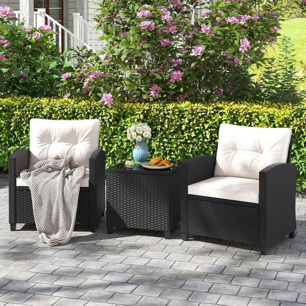HAPPYGRILL 3 Pieces Wicker Patio Conversation Set, PE Rattan Bistro Sofa Set with Tempered Glass Coffee Table, Washable Cushions, Outdoor Furniture Set for Garden Poolside Balcony (Off White)