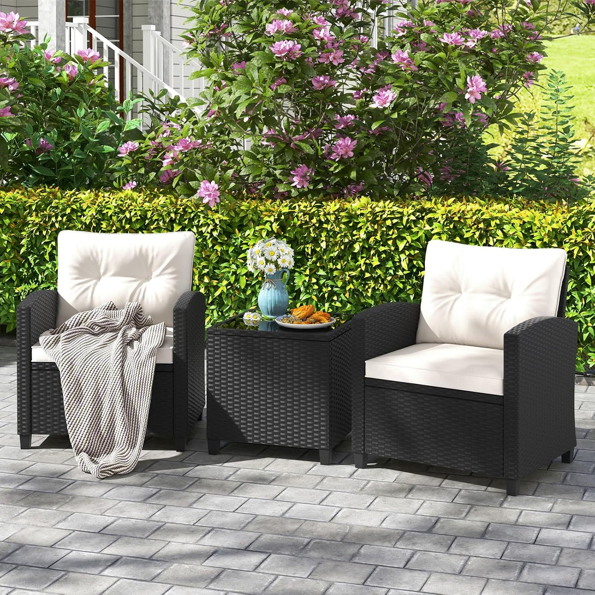 HAPPYGRILL 3 Pieces Wicker Patio Conversation Set, PE Rattan Bistro Sofa Set with Tempered Glass Coffee Table, Washable Cushions, Outdoor Furniture Set for Garden Poolside Balcony (Off White)
