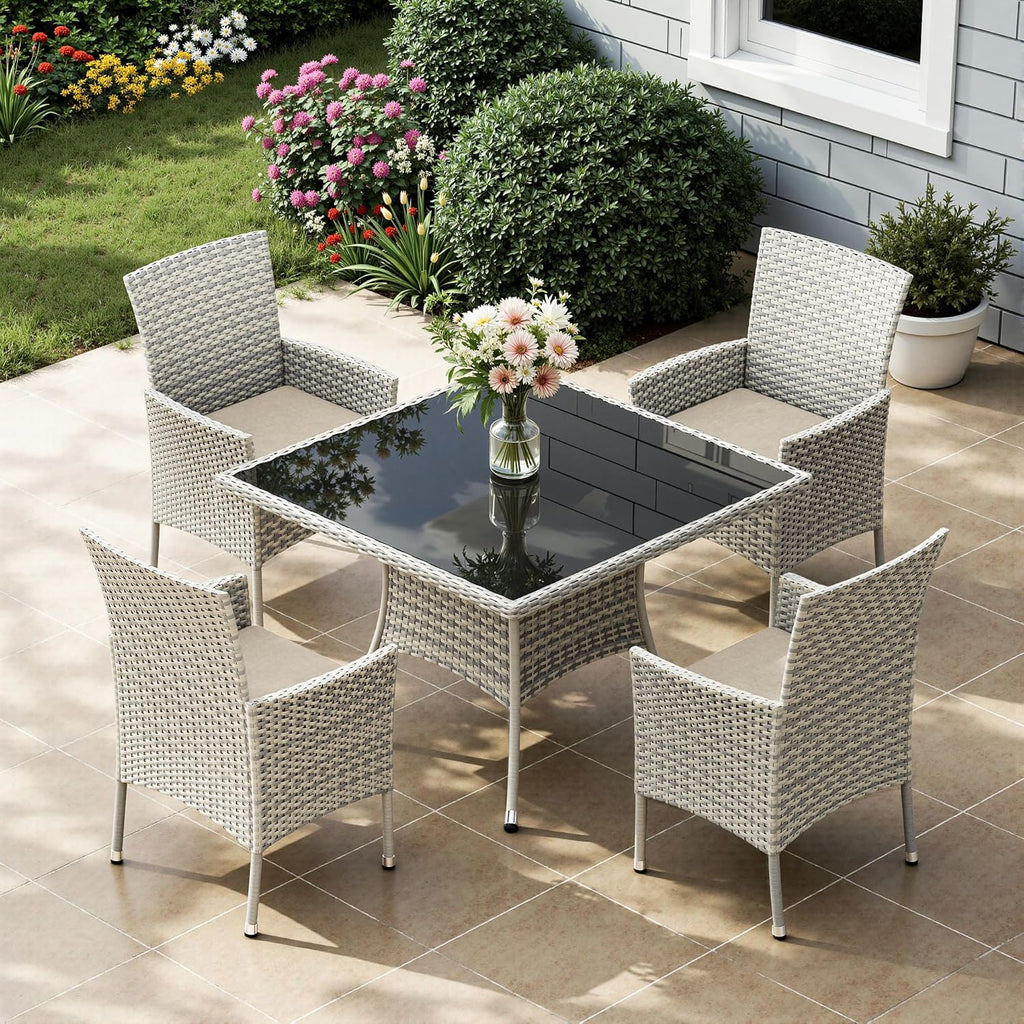 5-Piece Patio Dining Set, Patio Furniture Set with Square Tempered Glass Table & 4 Wicker Chairs, Expandable Design for Larger Groups, Outdoor Furniture for Backyard, Deck, Garden, Beige