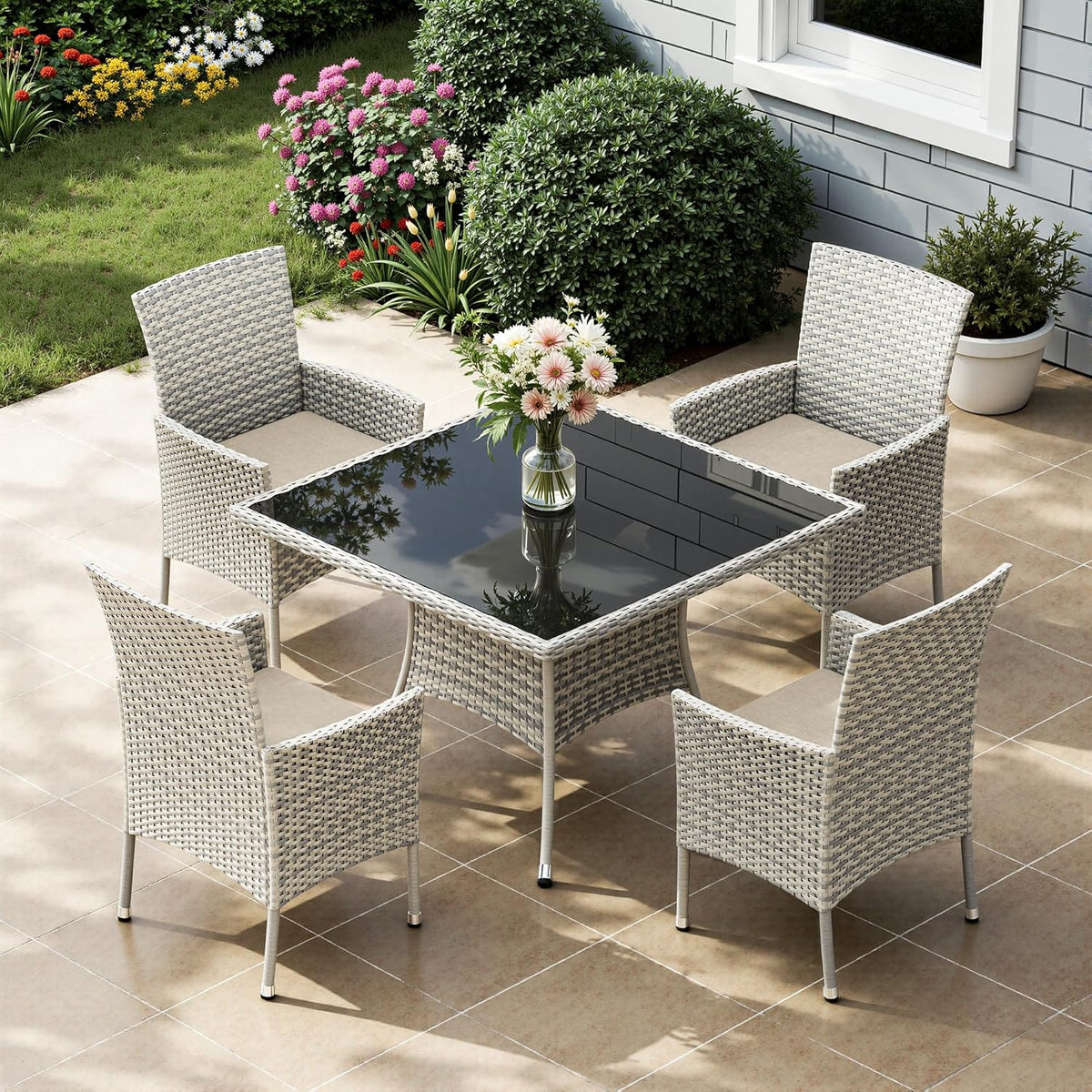 5-Piece Patio Dining Set, Patio Furniture Set with Square Tempered Glass Table & 4 Wicker Chairs, Expandable Design for Larger Groups, Outdoor Furniture for Backyard, Deck, Garden, Beige