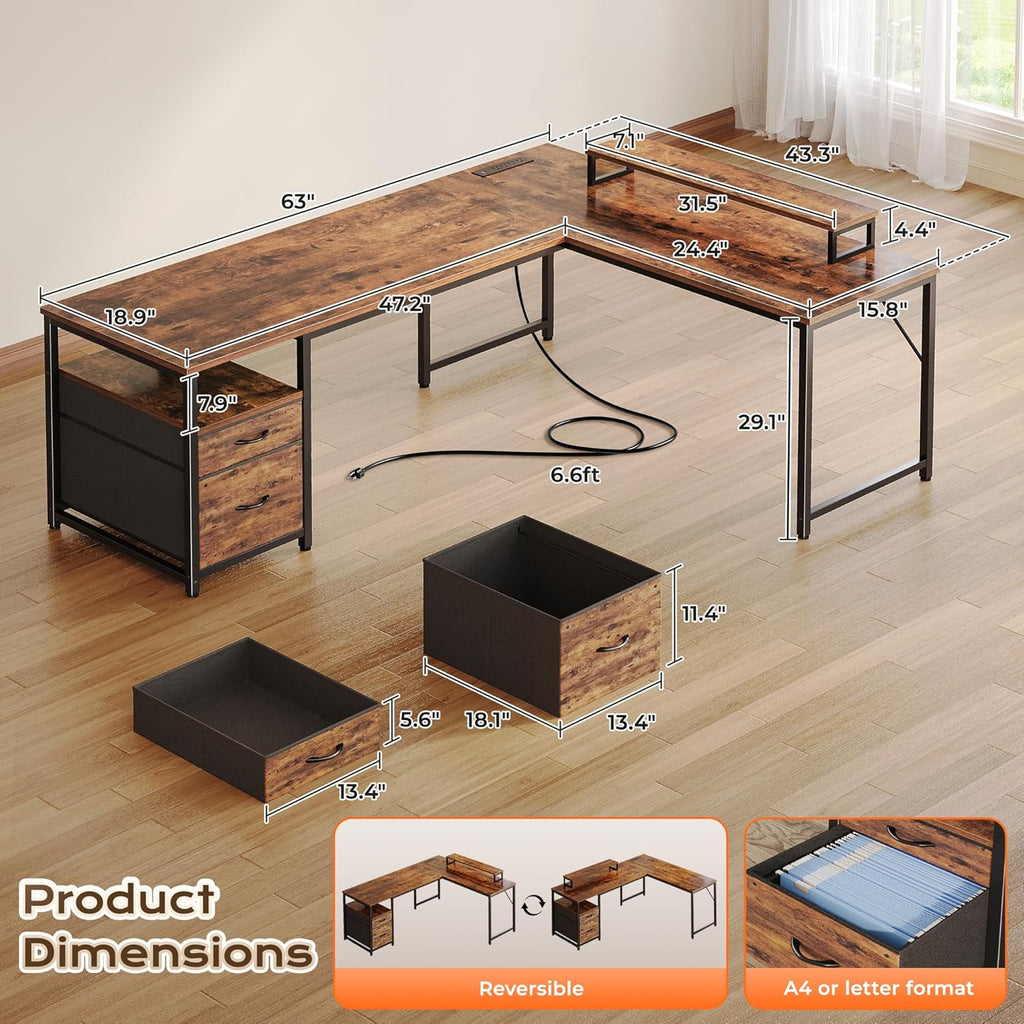 PRAISUN 63 Inch L Shaped Desk with Power Outlets and USB-C Port, Computer Corner Home Office Desk with File Fabric Drawers and Movable Monitor Stand, Larger Storage, Gaming, Writing, Rustic Brown