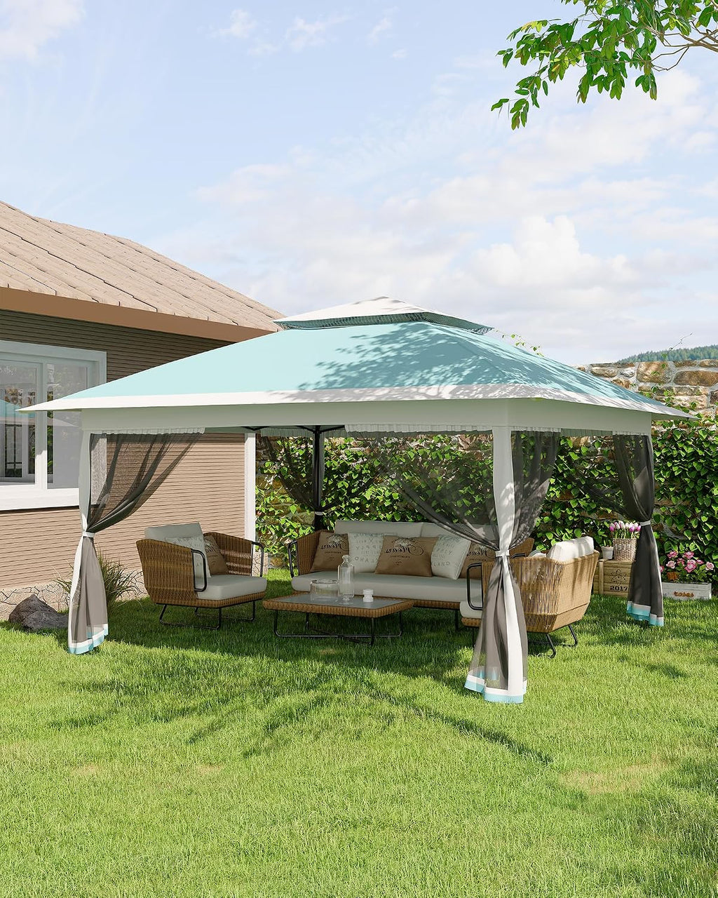 Canopy Tent 12x12 ft, Pop Up Gazebo One-Push Setup with 4 SandBags for Backyard Parties and BBQs, Mosquito Netting & Height Adjustable - Lake Blue