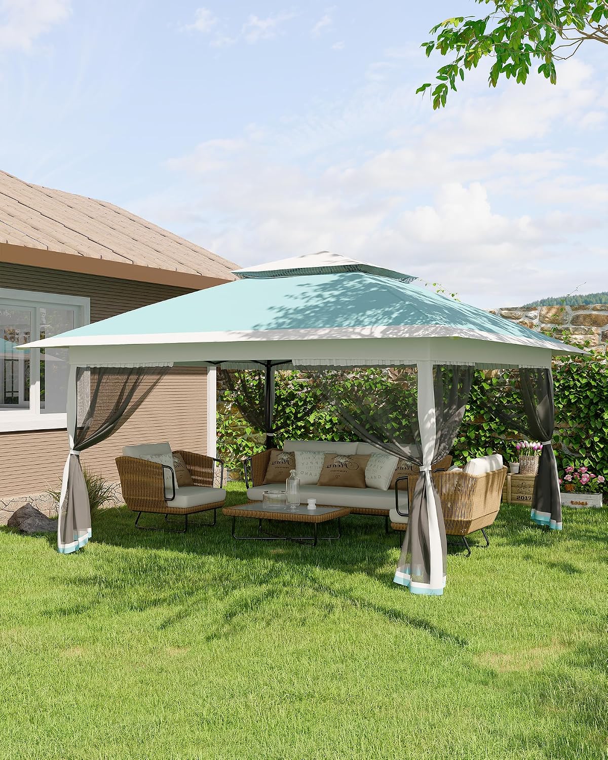 Canopy Tent 13x13 ft, Pop Up Gazebo One-Push Setup with 4 SandBags for Backyard Parties and BBQs, Mosquito Netting & Height Adjustable - Lake Blue