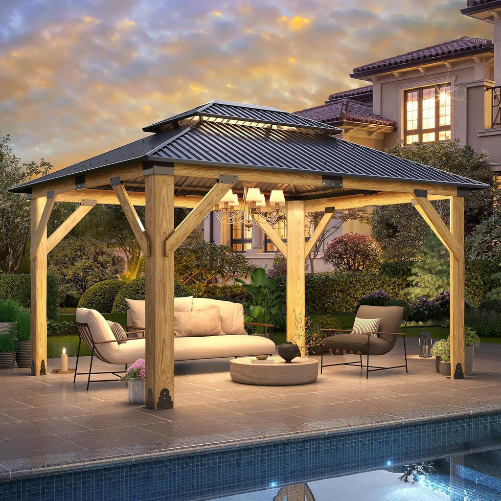11x13FT Wood Gazebo, Outdoor Wooden Gazebo with Glavanized Steel Double Roof, Hardtop Gazebos for Garden, Patio, Deck, Backyard