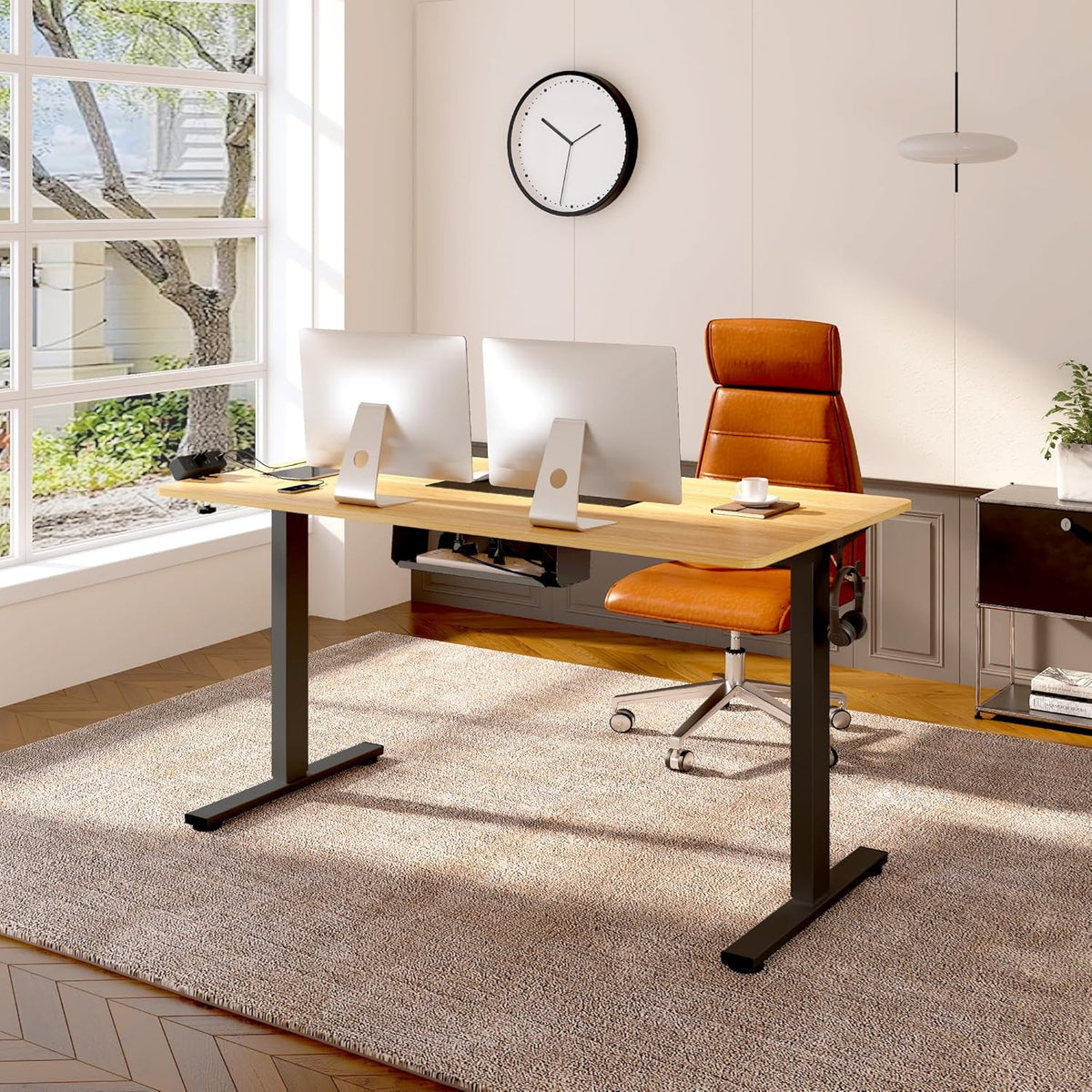 FLEXISPOT EN2 Whole-Piece Standing Desk with Clamp Power Strip, 48 x 24'' Electric Stand Up Height Adjustable Desk with Cable Management (Black Frame + 48' Maple Desktop, 2 Packages)