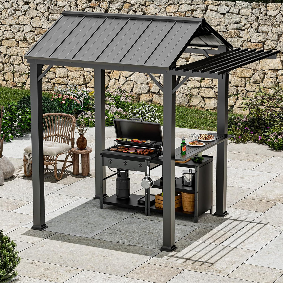 Covered Outdoor Grill Gazebo 6' x 8' with Galvanized Steel Roof and Pergola Extension, BBQ Gazebo with UV Blocking & Waterproof Design, Grill Canopy with Shelves, Rust-Resistant, 4-Season Use