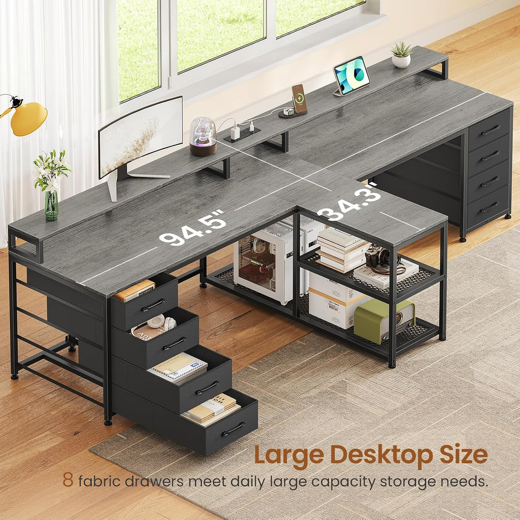 SEDETA 94.5' 2 Person Gaming Desk, Long Office Computer Desk with 8 Drawers & LED Lights, Two Person Desk with Storage, Power Strip & Monitor Stand for Home Office, Grey
