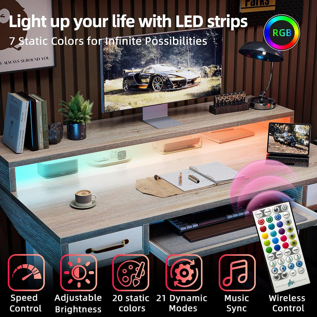 TIQLAB Standing Desk with Two Drawers, Stand Up Standing Desk Adjustable Height, Electric Sit Stand Table with Storage Shelf and Splice Board, with LED Light, 55 * 28 inch, Maple