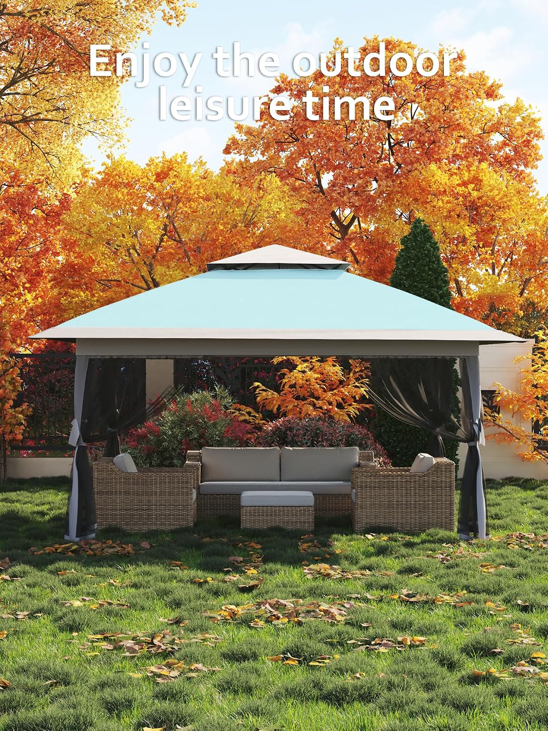 Garvee 13x13 ft Pop Up Gazebo, Canopy Tent with Mosquito Netting, Outdoor Gazebos for Backyard & Patio Furniture - Pop Up Canpy with Wheeled STO-N-Go Cover Bag (Light Blue+Light Grey)