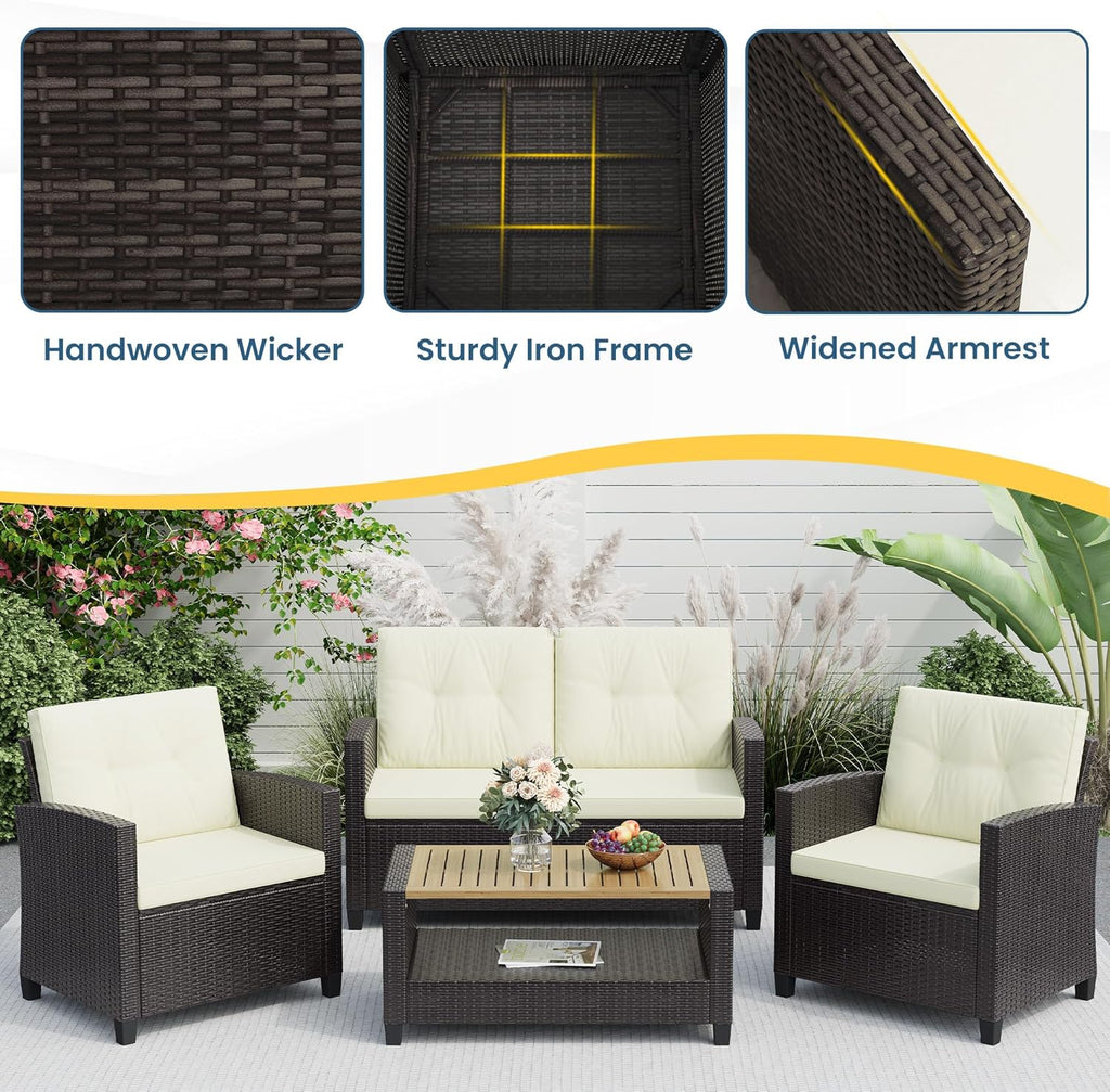 Green4ever Patio Conversation Sets, Wicker Outdoor Patio Furniture Set, 4 Pieces All Weather Rattan Patio Sofa with Wood Coffee Table and Thick Cushions, Beige