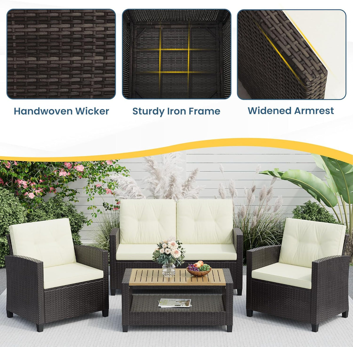 Green4ever Patio Conversation Sets, Wicker Outdoor Patio Furniture Set, 4 Pieces All Weather Rattan Patio Sofa with Wood Coffee Table and Thick Cushions, Beige