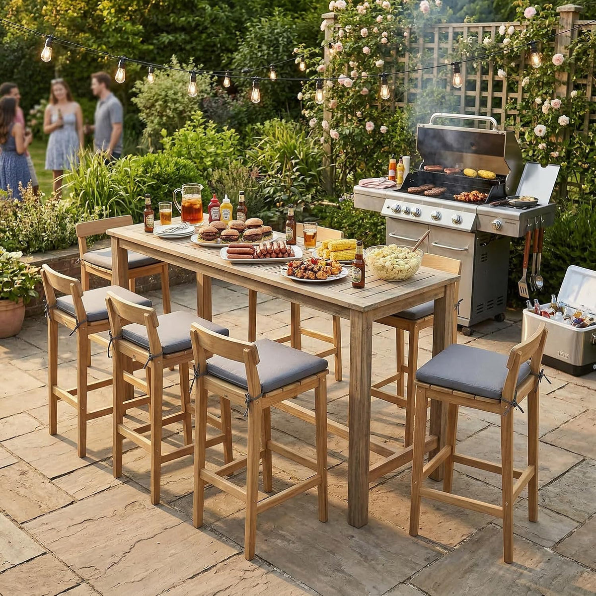 Patio Bar Stools Set of 6, Solid Acacia Wood Patio Barstools with Footrest, 28.5' Counter Height Outdoor Bar Stools, High Top Patio Bar Chairs for Balcony/Deck/Kitchen Island/Bistro, Grey