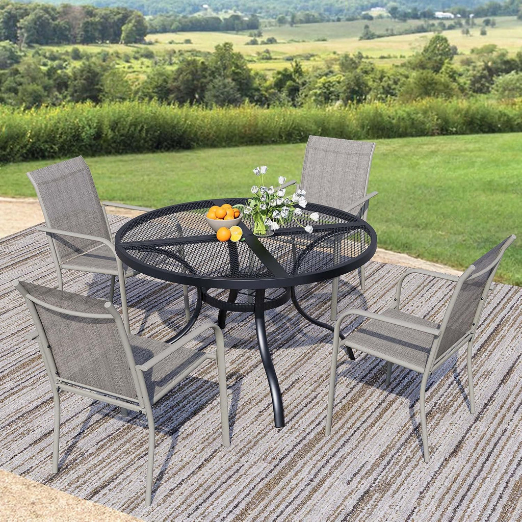 5-Piece Outdoor Dining Set, Mesh Round Patio Table and Grey Chairs, Black Patio Table and Chairs Set of 4, Patio Furniture Set for Garden, Yard, Patio