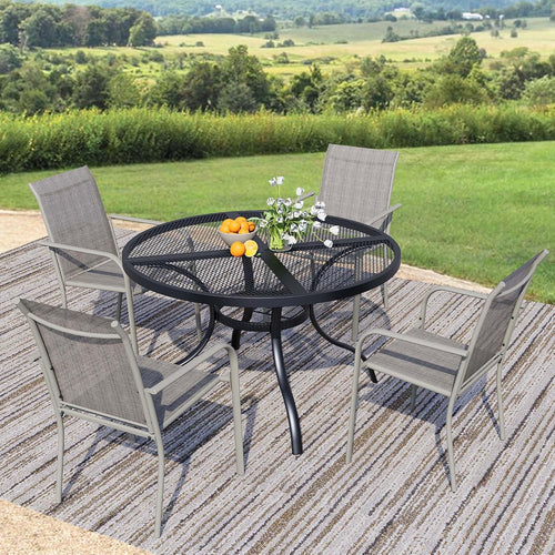 5-Piece Outdoor Dining Set, Mesh Round Patio Table and Grey Chairs, Black Patio Table and Chairs Set of 4, Patio Furniture Set for Garden, Yard, Patio