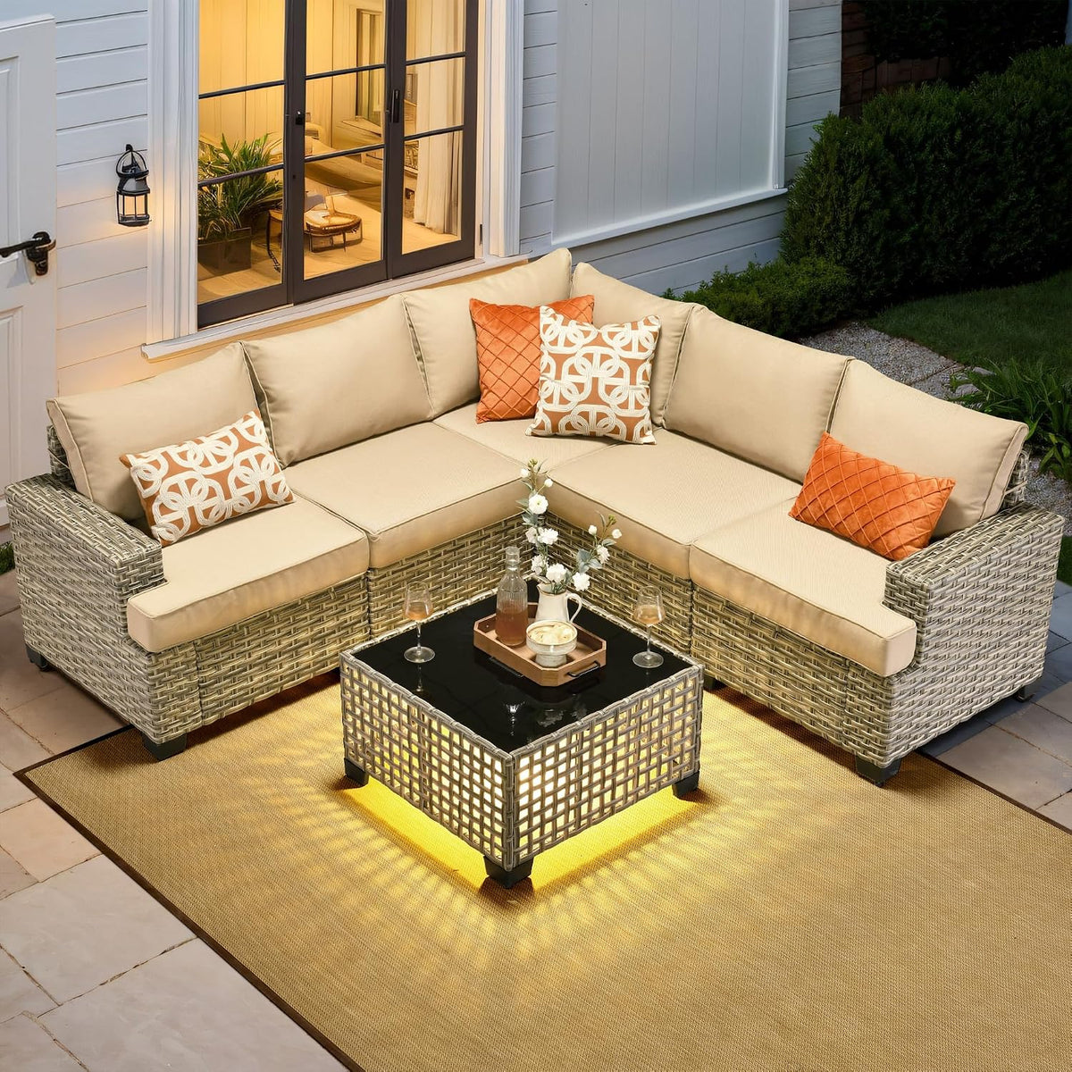 HOOOWOOO Outdoor Sectional Patio Furniture Set,6 Pieces Wicker Conversation Sets L Shaped Couch,Extra Deep Out Door Sofa Outside Furniture,Beige