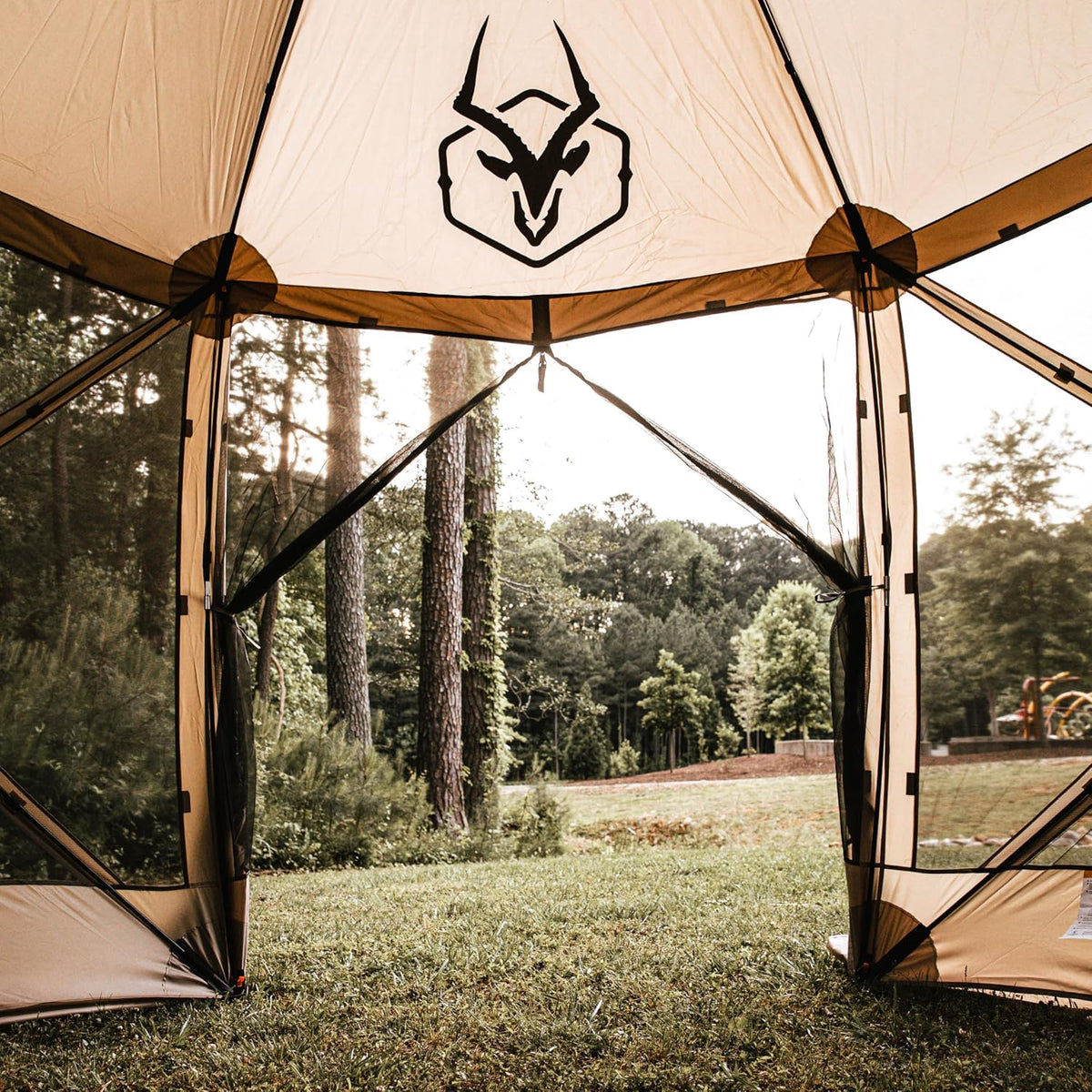 Gazelle Tents™, G6 6-Sided Portable Gazebo, Easy Pop-Up Hub Screen Tent, Durable, TriTech Mesh, Waterproof, UV Resistant, 8-Person & Table, Desert Sand, 86' x 124' x 124', GG602DS
