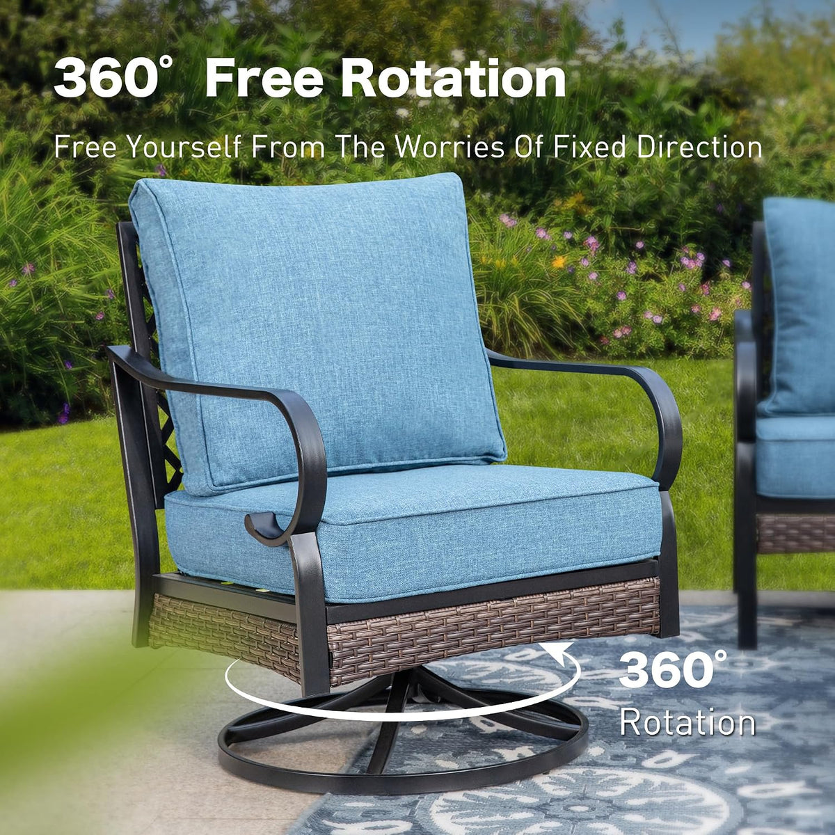 SUNSHINE VALLEY 5 PCS Metal Outdoor Patio Furniture Set, Patio Conversation Sets 1 3-Seater Sofa, 2 Swivel Chairs with 5.75' Extra Thick Cushion & Coffee Table, Black Backyard Furniture, Denim Blue