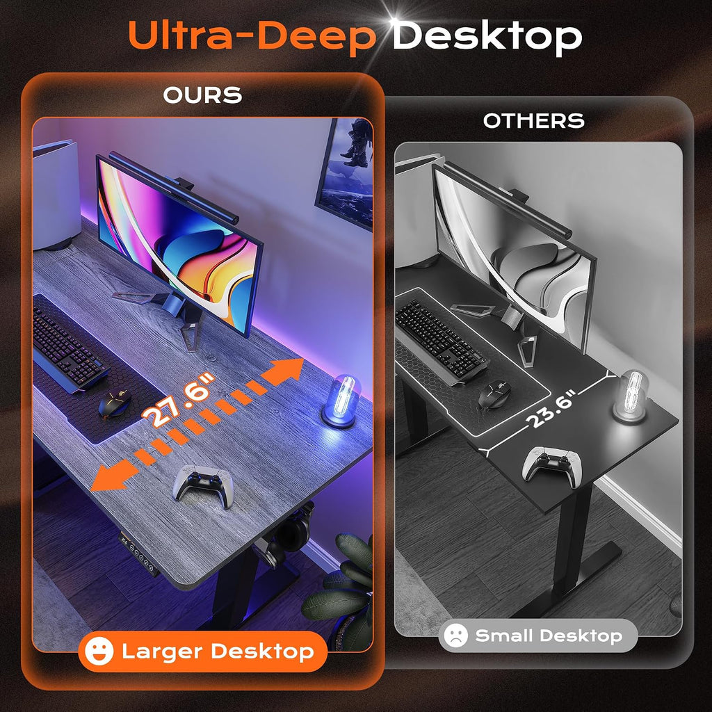Huuger 55 x 28 Large Electric Standing Desk, Height Adjustable Desk, 27.6' Deep Desktop, Stand up Gaming Computer Office Desk with 2 Hooks, 3 Preset Heights, for Home Office, Grey