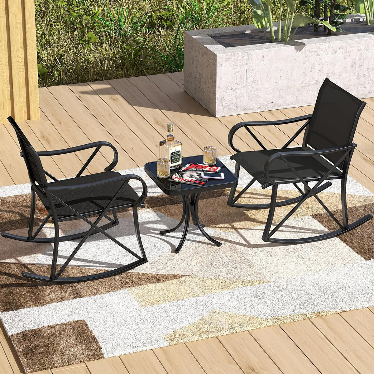 HAPPYGRILL 3-Piece Patio Rocking Bistro Set Rocker Chairs Set with Side Table, Outdoor Conversation Furniture Set with Metal Frame for Porch, Garden, Backyard, Balcony (Black)